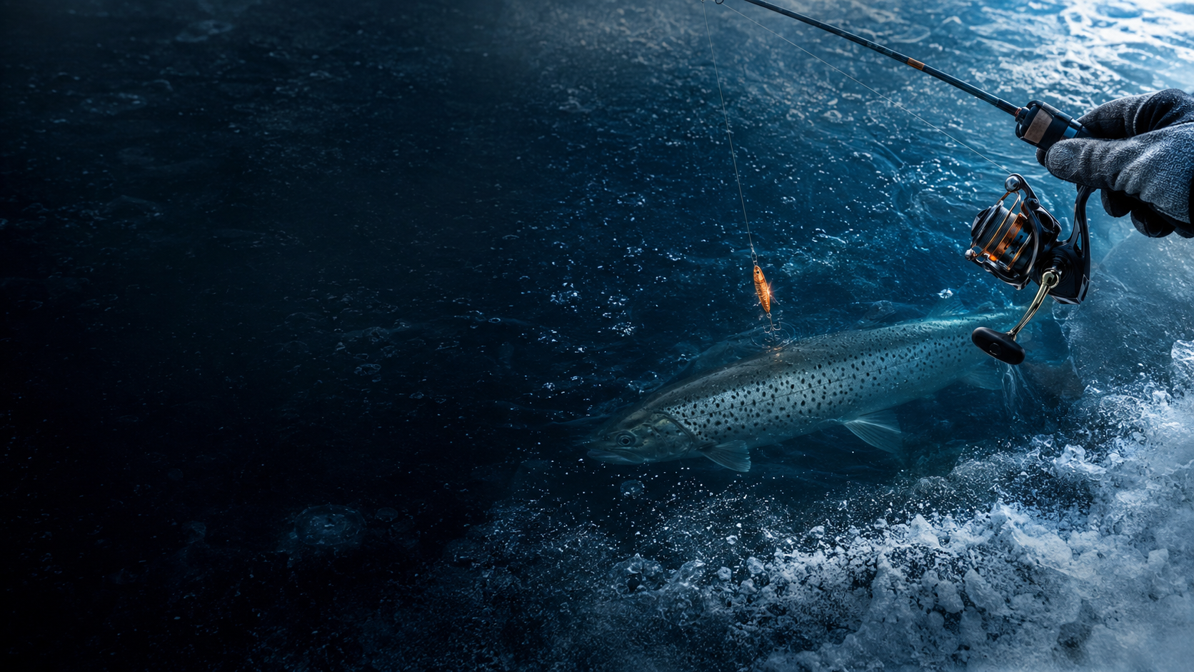 Pez bajo una superficie de hielo azul durante una jornada de pesca invernal